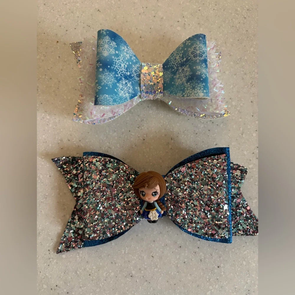 Disney Frozen Anna Inspired Blue Snowflake & Glitter Bow Hair Clip Set. Sparkly!